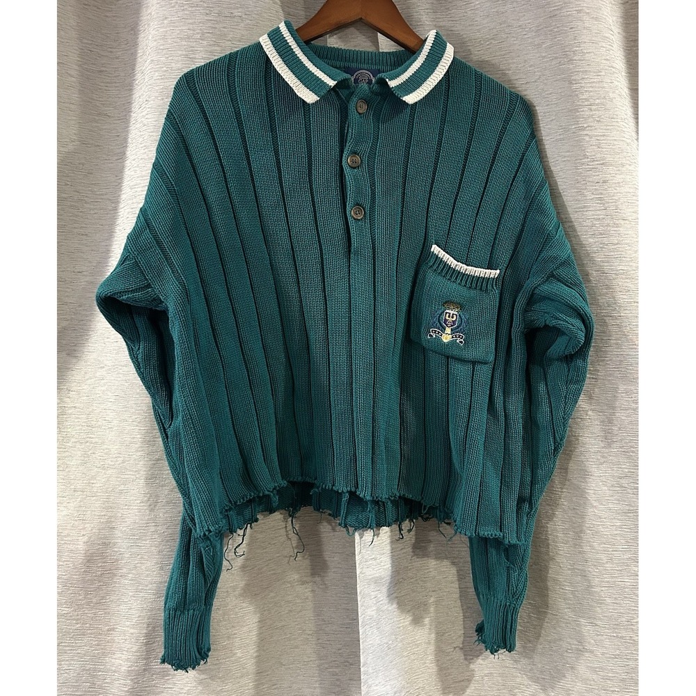 GAP Vintage 1980s Embroidered Distressed Collared Collegiate Sweater Size Large